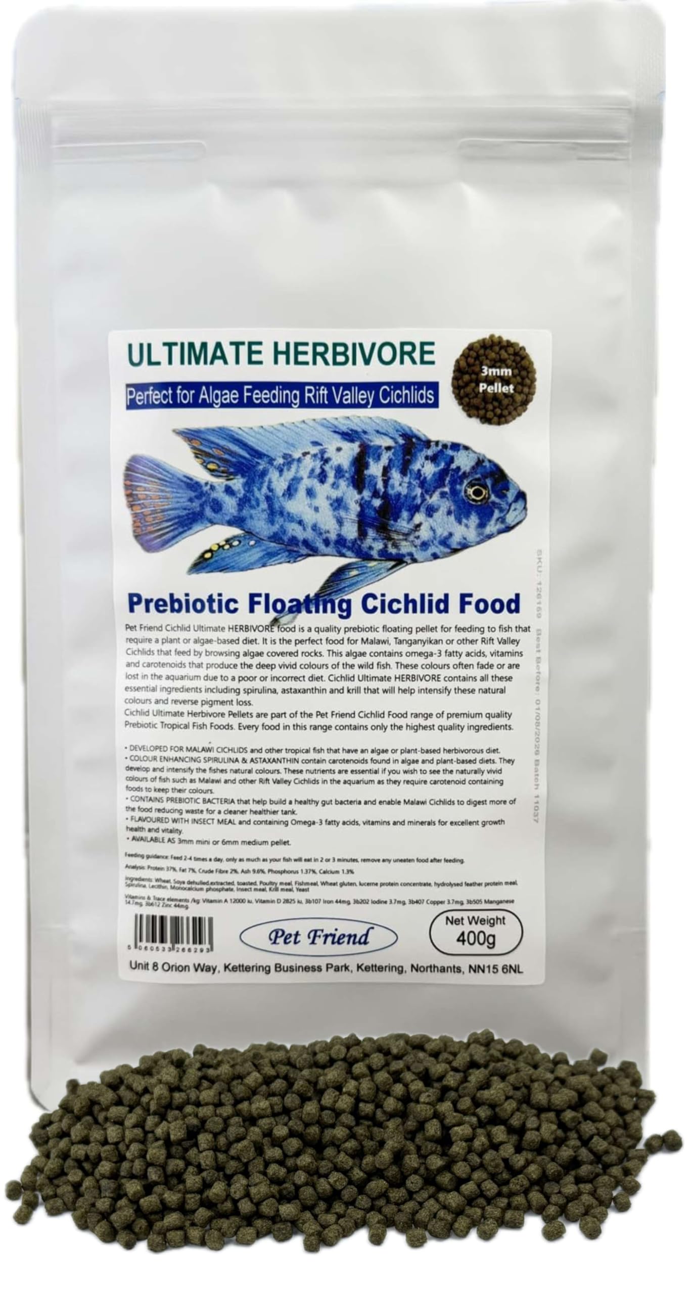 Pet Friend Cichlid Food For Herbivorous Plant And Algae Eating Malawi Mbuna Rift Valley Fish Contains Prebiotics Spirulina Omega-3 Flavoured With Insect Meal 3mm Pellets 400g