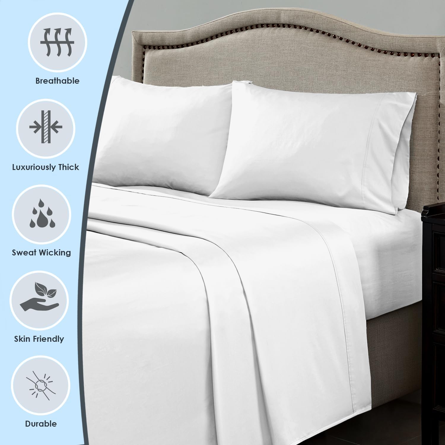 Pizuna 100% Luxury Cotton Twin XL Sheet Sets 1000 Thread Count Soft Sateen Weave Breathable Hotel Quality Cooling Bed Sheets Twin XL Bedding Set with Deep Pocket & Easy Fit Bedsheet (3PC) White - Image 2