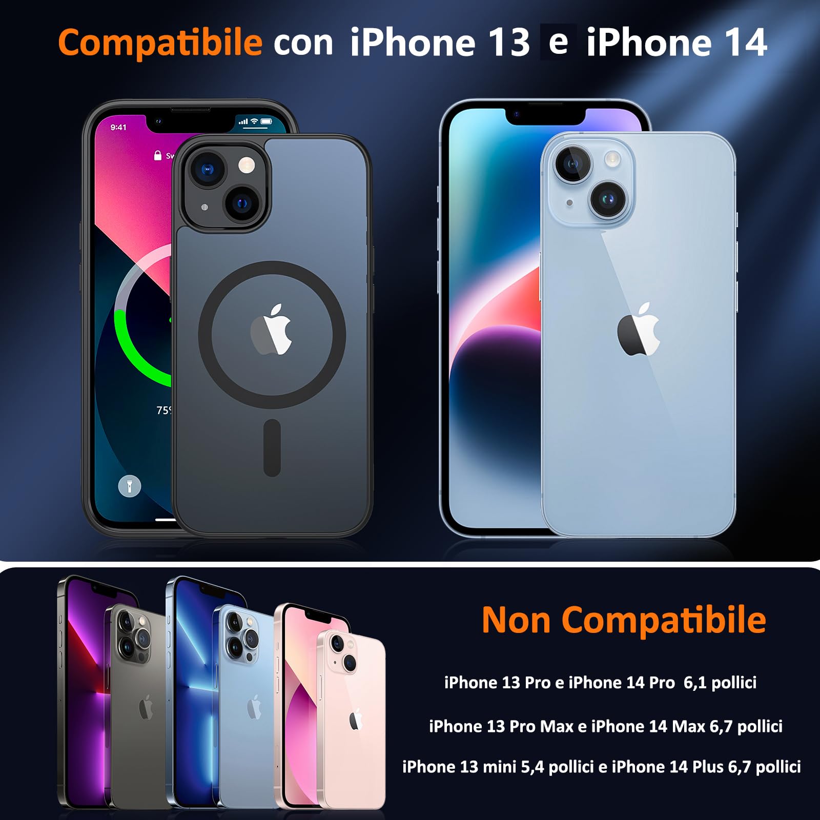 Hensinple Magnetica Cover per iPhone 13 / Cover iPhone 14 con Vetro Temperato [Compatibile con MagSafe],Custodia Traslucida Opaca Protezione Antiurto Resistente ai graffi Sottile Case - Nero