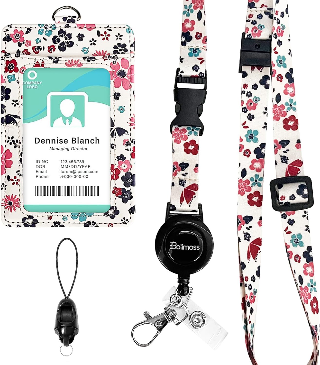 bolimoss ID Badge Holder with Adjustable Lanyard and Retractable Reel, Cute Flower Leather Card Name Tag Lanyard Vertical ID Protector Bage Clips for Nurse Doctor Teacher Student