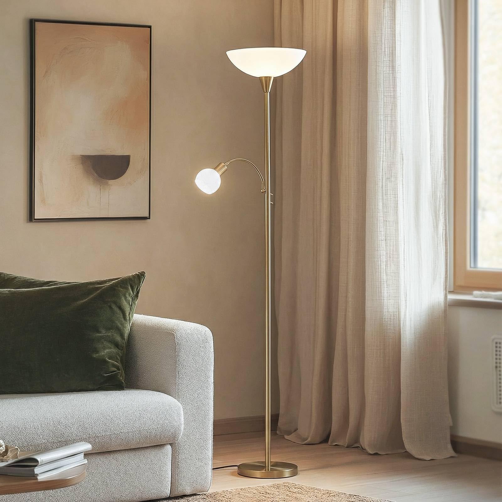 Lindby Brass, White, Opal White Floor Lamp Elaina (Modern) In Gold Made Of Metal For E.g. Living Room & Dining (2 Light Sources, E27) From Standard