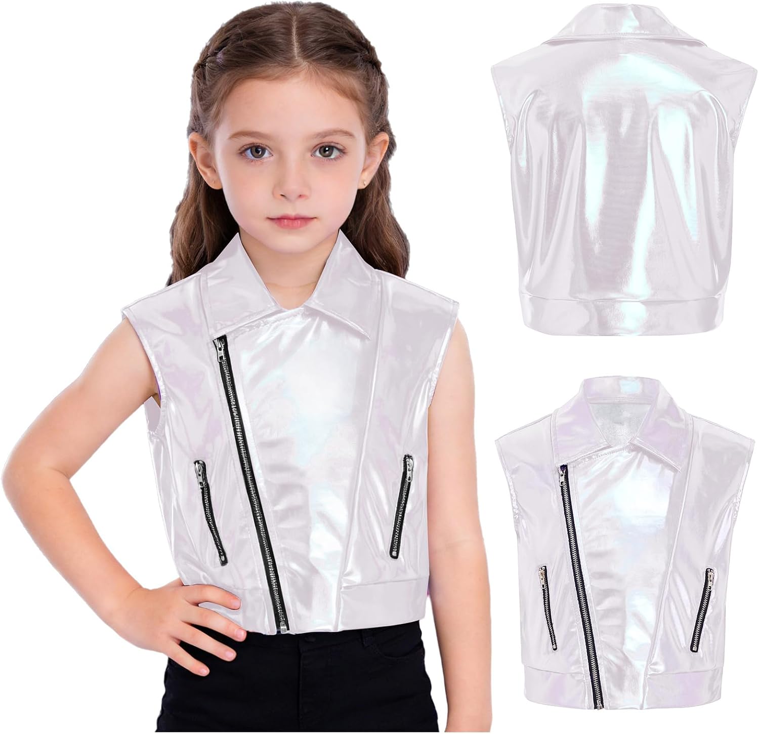 Girls Boys Shiny Zip Up Cropped Vest Disco Shirt Rave Party Sparkly Coat Sequins Waistcoat for Performance