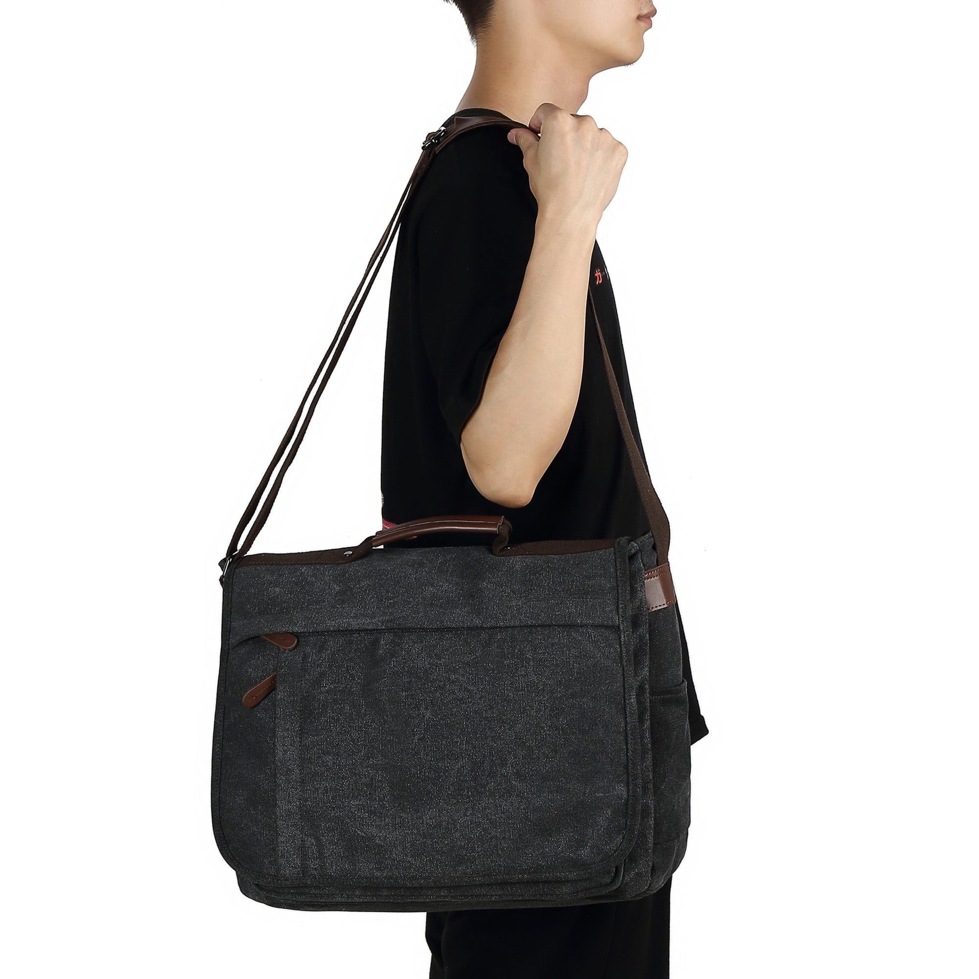 CALIYO Umhängetaschen Herren aus Canvas Schultasche Queformat A4 Laptoptasche für 15,6 Zoll Laptop Arbeitstasche Aktentasche