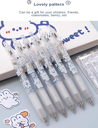 Miniatura 2 de 6 bolígrafos de gel negros retráctiles de punta media de punta redonda de gel con bonito patrón de dibujos animados, punta fina para diario,