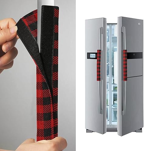 Miniatura 4 de Emelivor Juego de 2 fundas para manija de puerta de refrigerador a cuadros de búfalo negro y rojo  Manijas lavables para electrodomésticos de cocina
