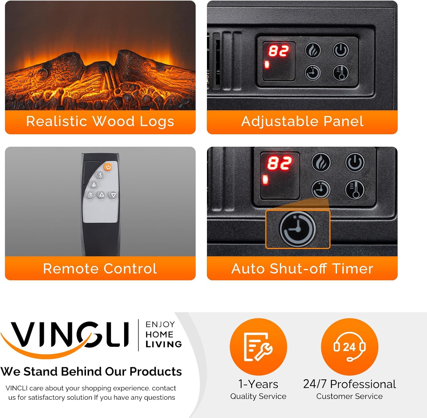 VINGLI 24" Electric Fireplace Insert – Recessed, Wall-Mounted & Freestanding Heater with 6 Flame Colors, Remote Control, Adjustable Timer & Brightness, Safe & Quiet Operation