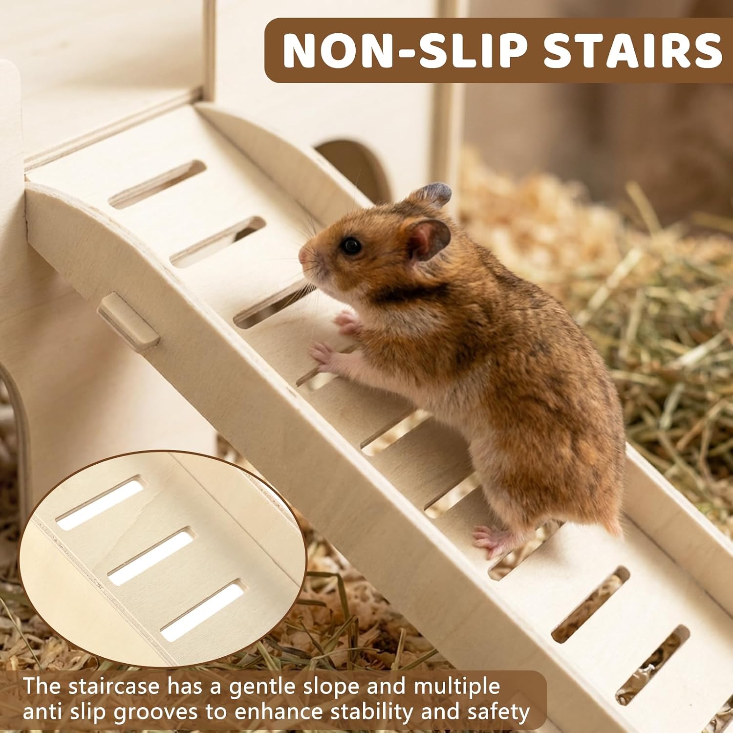 Upgraded Sturdy Wooden Guinea Pig Hideout with Stairs, Guinea Pig Castle with 4 Cave Entrances, Easy to Assembly, Small Animal Toy for Play & Habitat, with Cleaning Cloth, for Hamster, Rabbit