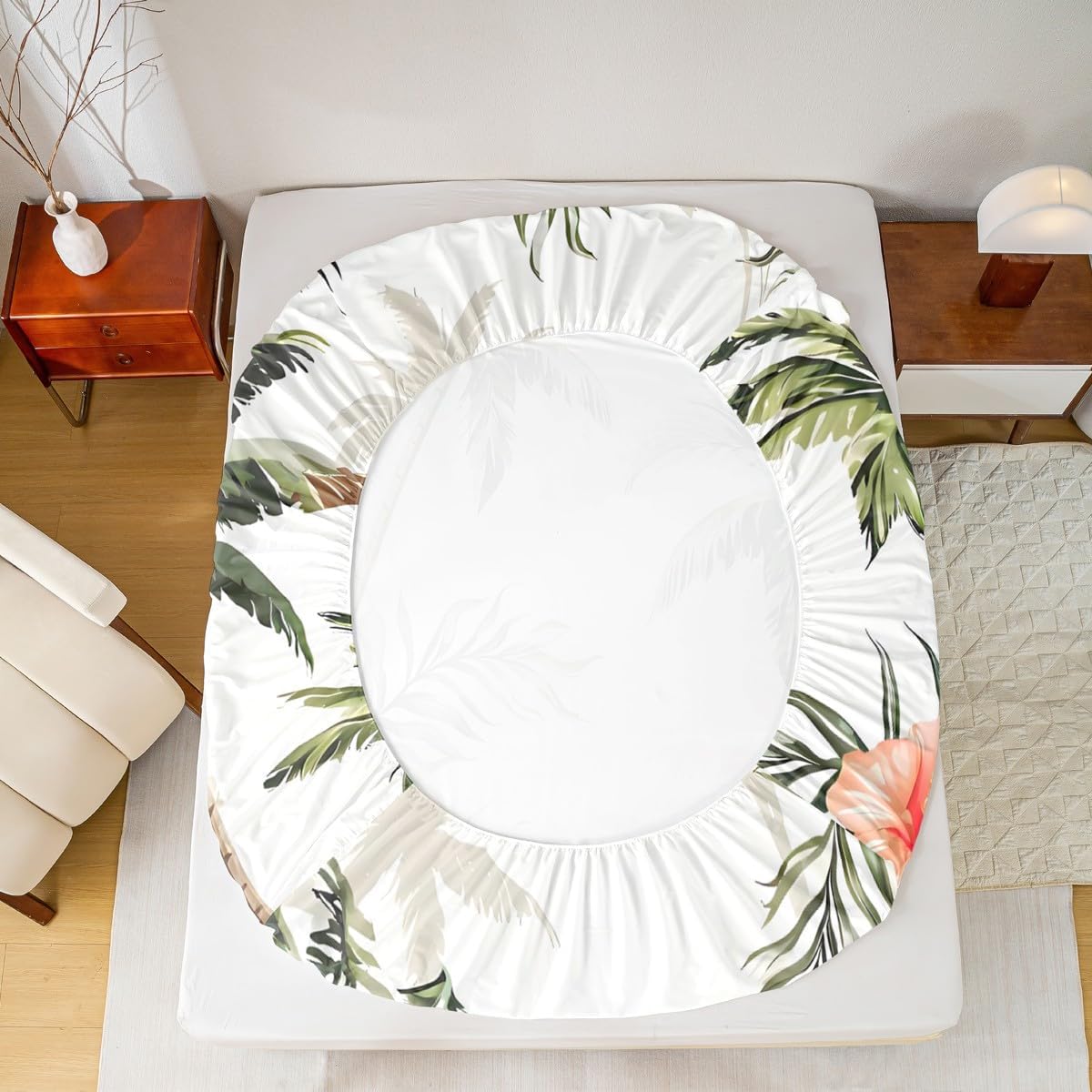 Coconut Tree Bed Sheet Queen Set,Palm Leaves with Floral Sheets Sets Adults Bedroom Decor,Tropical Plant Bedding Set with Flat,Fitted Sheet,2 Pillow Cases