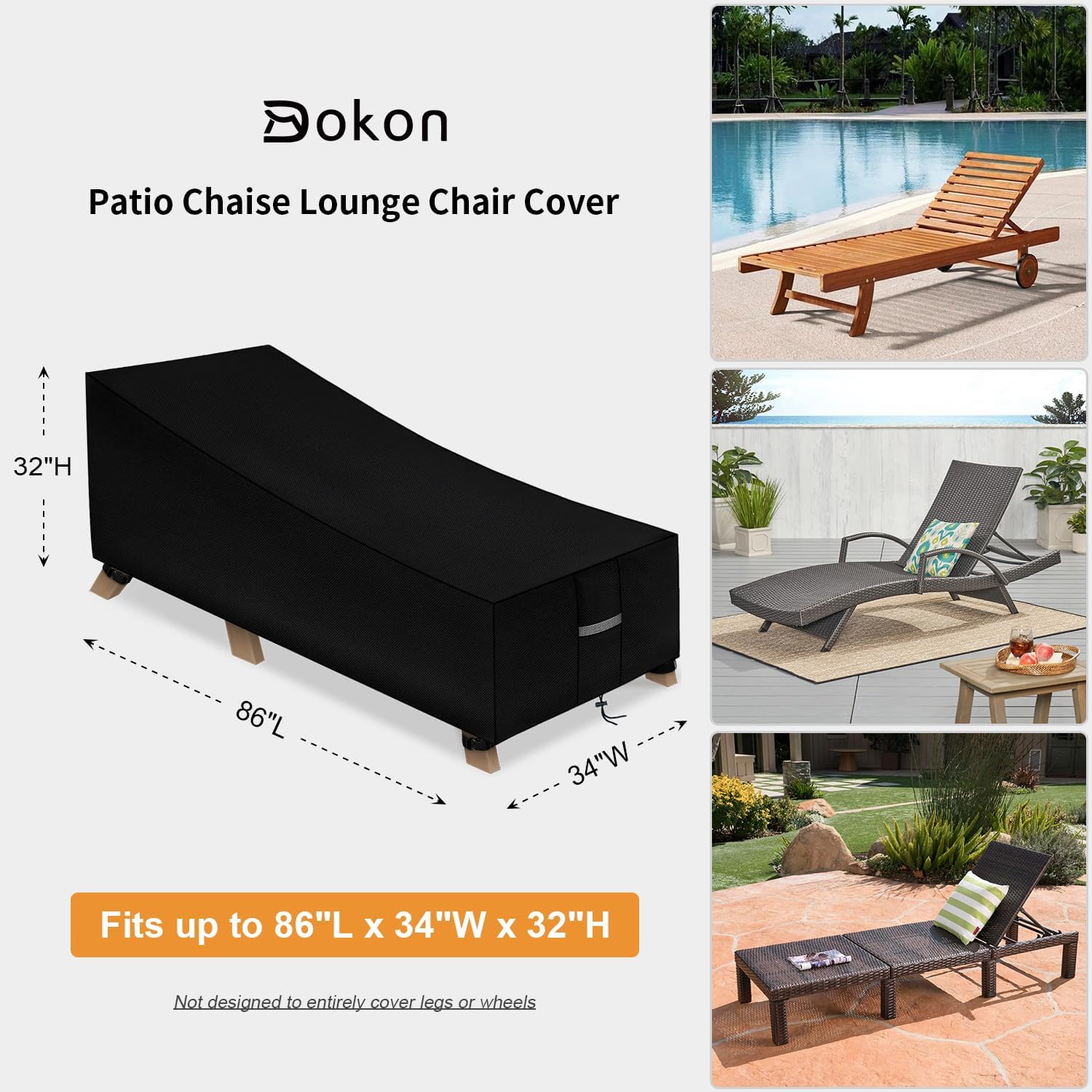 Dokon Patio Lounge Chair Covers Waterproof Outdoor Chaise Lounge Cover with Air Vents, Windproof Anti-UV Heavy Duty Oxford Fabric Patio Furniture Covers (86"L x 34"W x 32"H) - Black
