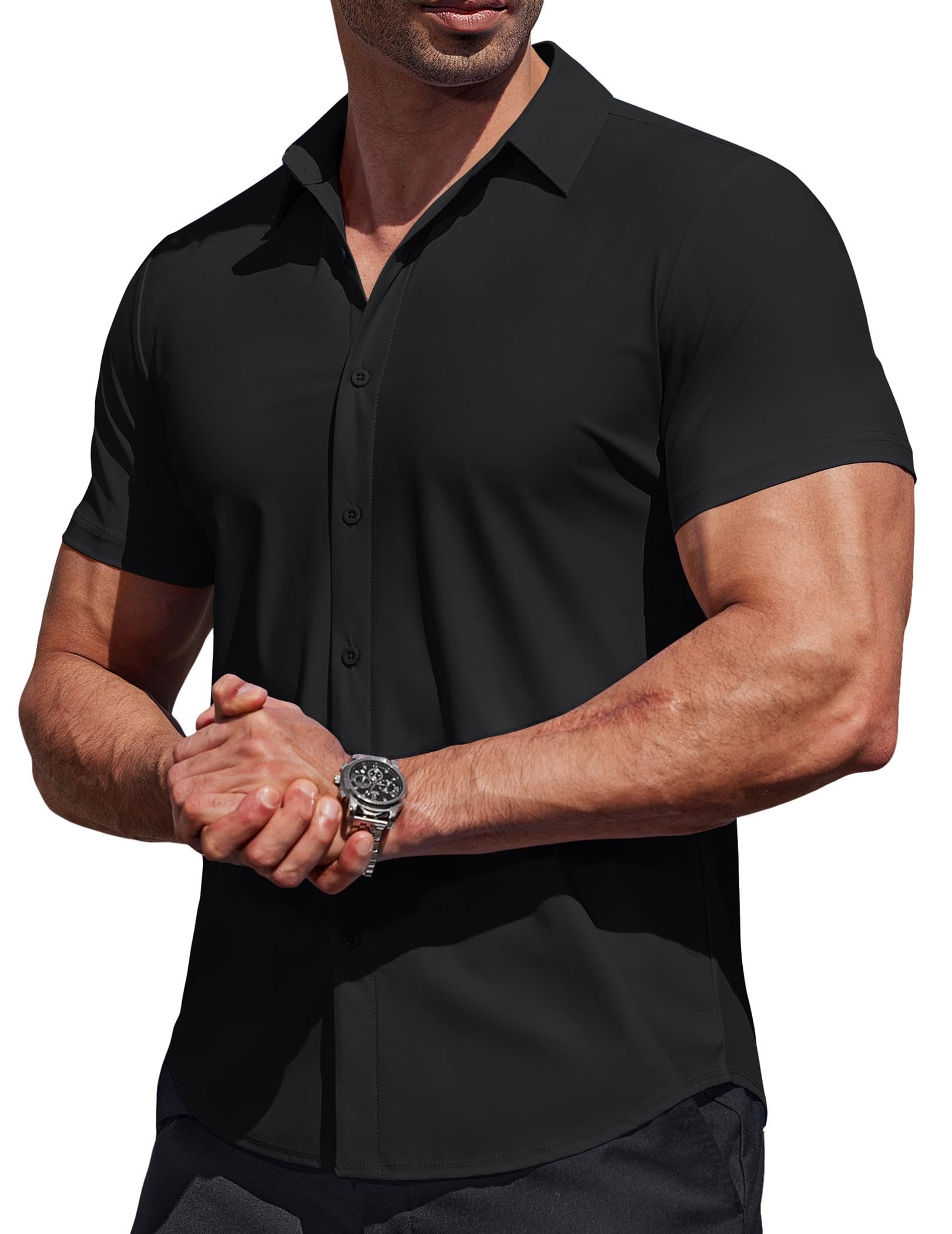 COOFANDY Mens Muscle Fit Dress Shirts Stretch Wrinkle Free Short Sleeve Button Down Shirt Casual Solid Untucked Shirt