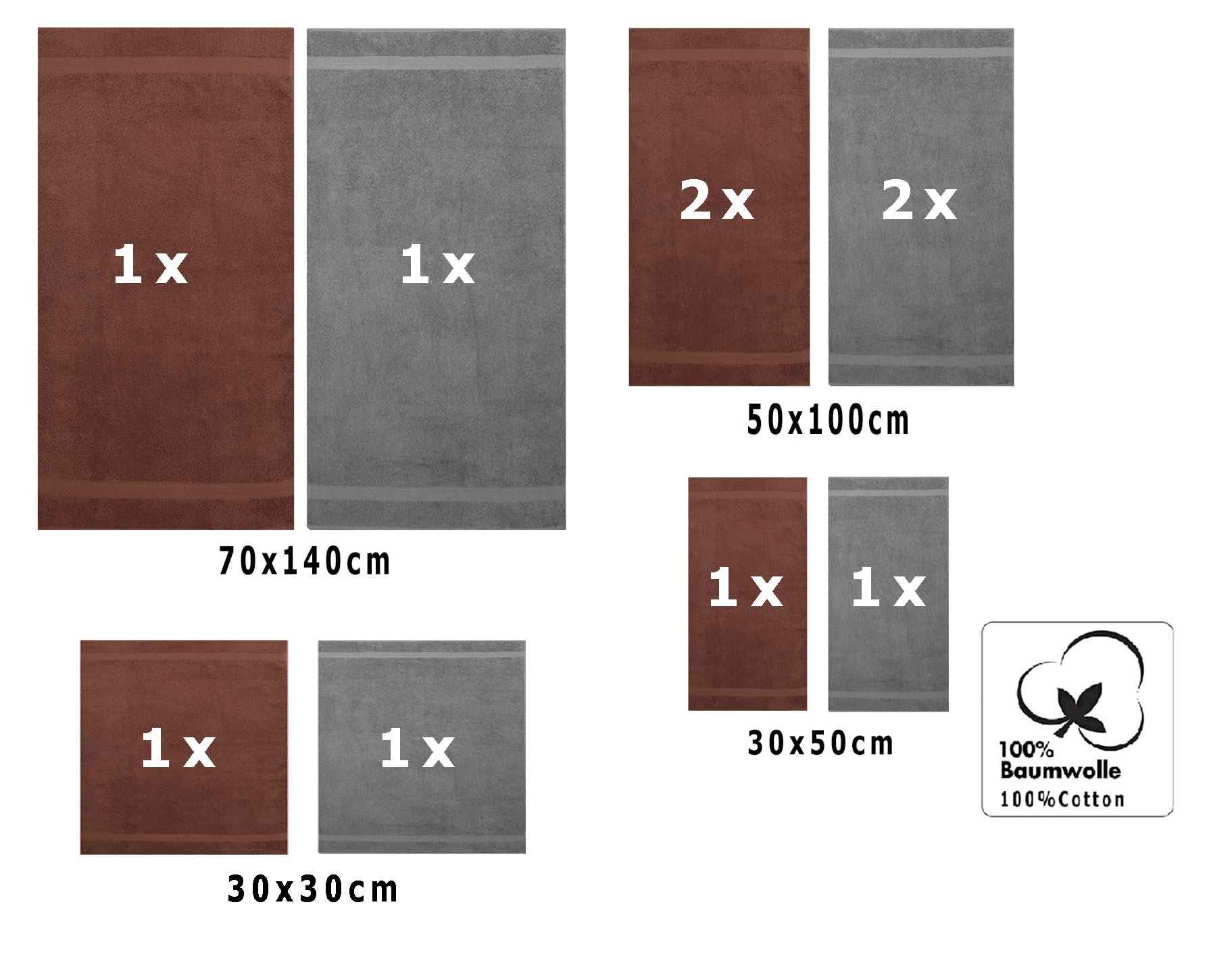 Betz Juego de 10 Toallas Classic 100% algodón 2 Toallas de baño 4 Toallas de Lavabo 2 Toallas de tocador 2 Toallas faciales marrón Nuez y Gris Antracita