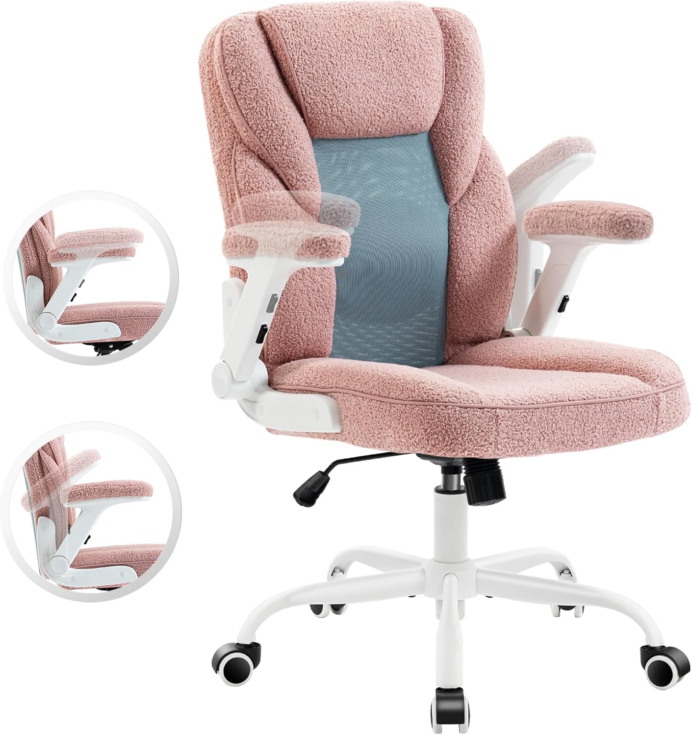 SEATZONE Pink Home Desk Office Chair with Arms and Wheels, Comfortable Executive Computer Chair, Breathable Mesh and Teddy Fleece Fabric Swivel Task Chairs for Women&Girls