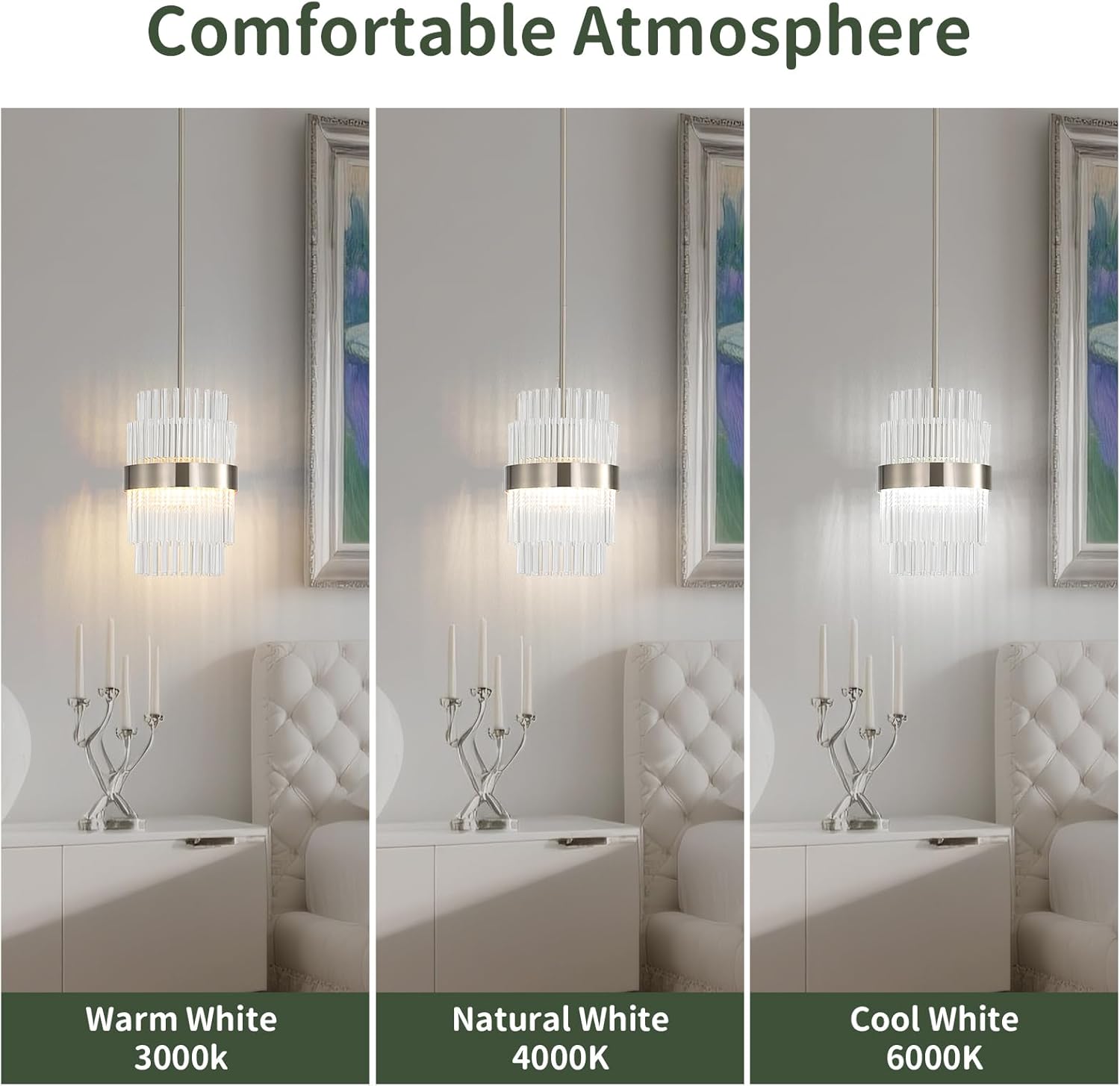 Modern Brushed Nickel Crystal Pendant Light Fixtures for Kitchen Island, Adjustable Height Luxury Mini Glass Pendant Lighting for Dining Room, Bedroom, Foyer and Hallway 3-Pack