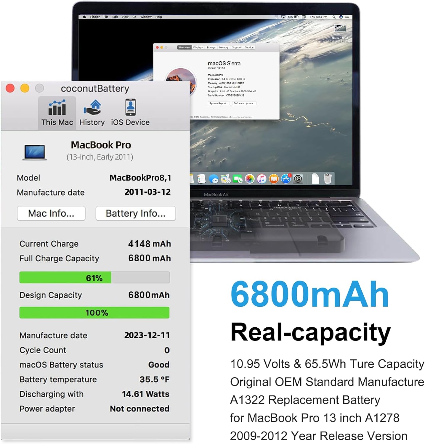 A1278 Battery Replacement, A1322 Battery for MacBook Pro 13 Inch (Mid 2012 2010 2009 Early 2011 Late 2011) Improved Capacity 10.95V 6000mAh 65.5Wh (A1278 A1322 Battery & Tool Set)