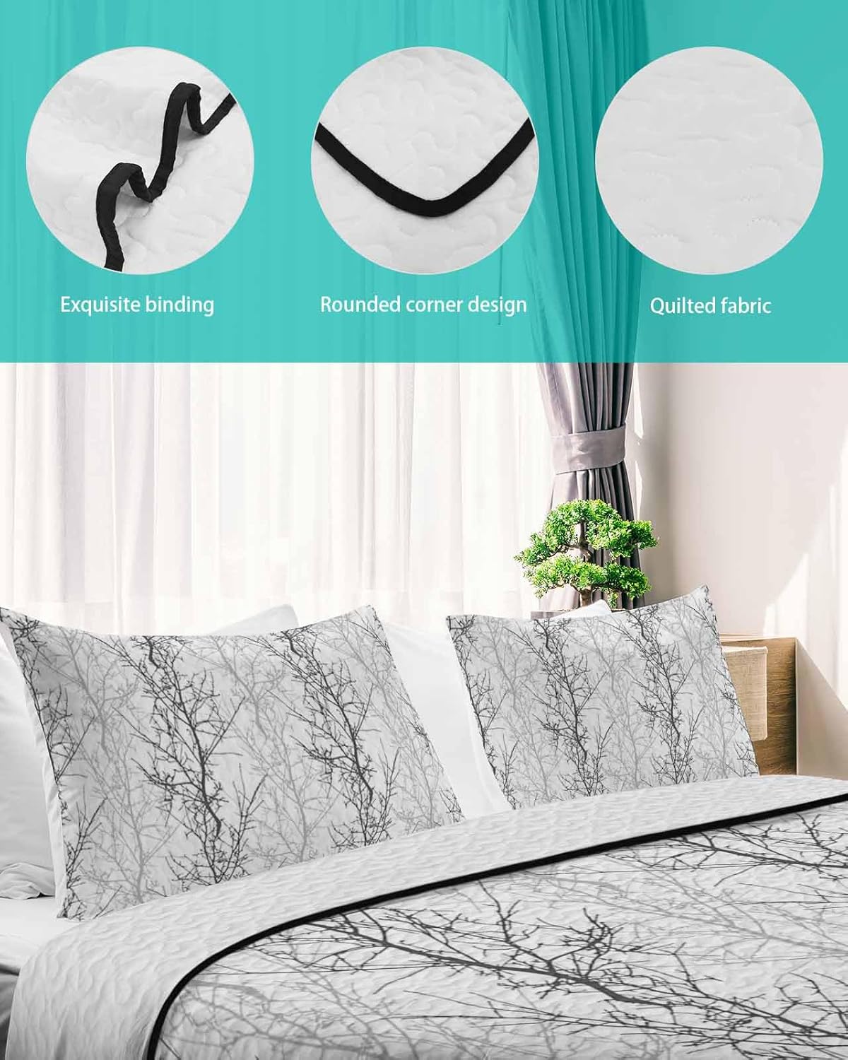 Quilt Sets Twin Size Tree Branch Comforter Set Lightweight Soft Bedspread Coverlet 3 Pieces Grey Quilted Bedding Set with 2 Pillowcases Thin Comforter Bed Cover for All Season 68x86 Inch