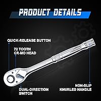 Vista 4 de Llave de trinquete de 1/2 pulgada,Llave de vaso estándar,Liberación rápida de 72 dientes,Característica de trinquete reversible con mango de metal