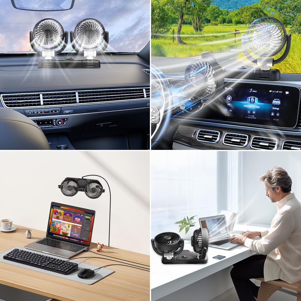 Ventilateur de voiture 5 V USB double tête - Portable - Rotation à 360° - Double tête - 2 vitesses - Faible bruit - Pour camion, camionnette, SUV, RV