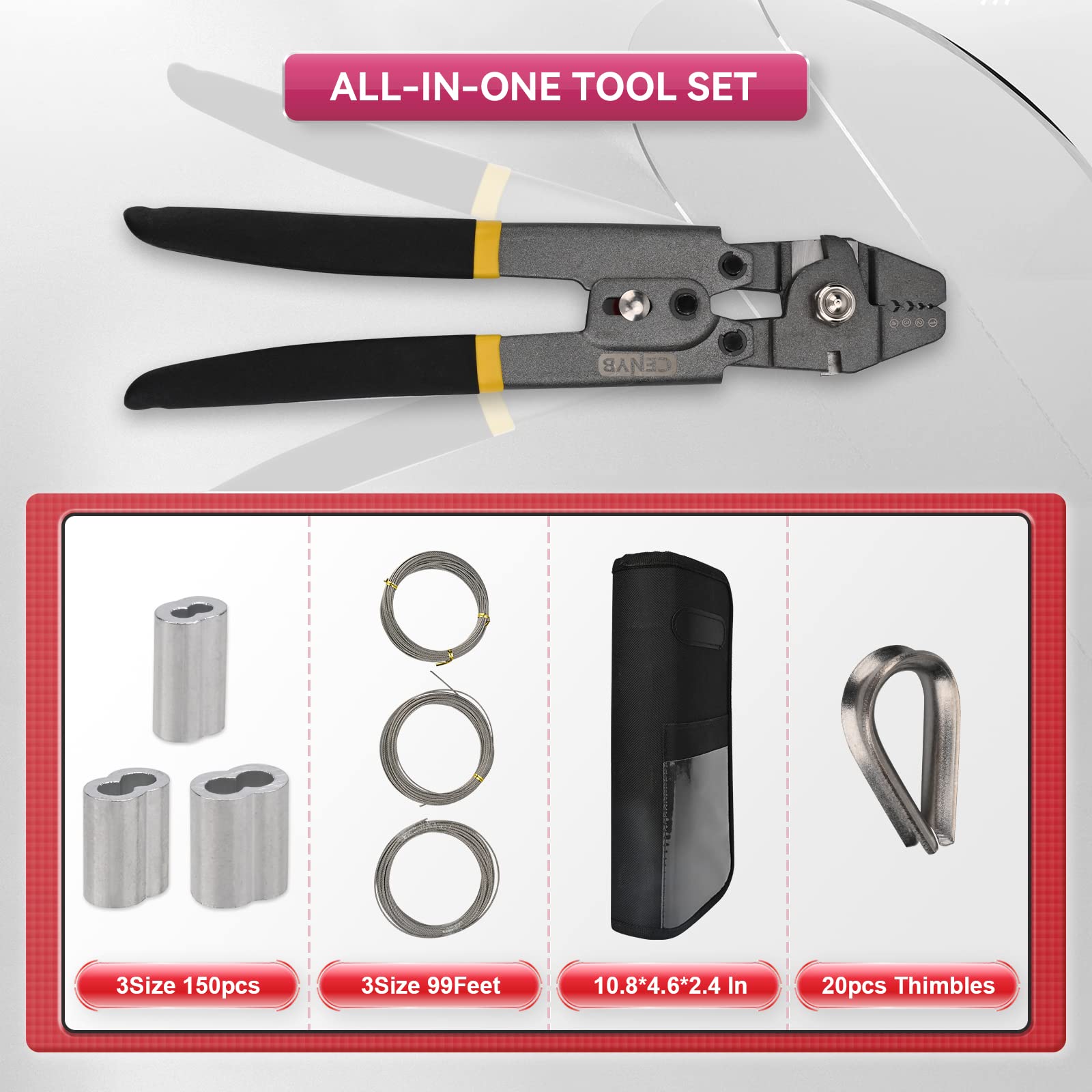 Pinza crimpatrice per cavi metallici rivestita in teflon, con 150 manicotti di crimpatura in alluminio in 3 misure (M1.2/M1.5/M2.0), 20 occhielli e 3 tipi di cavi da 10 metri ciascuno