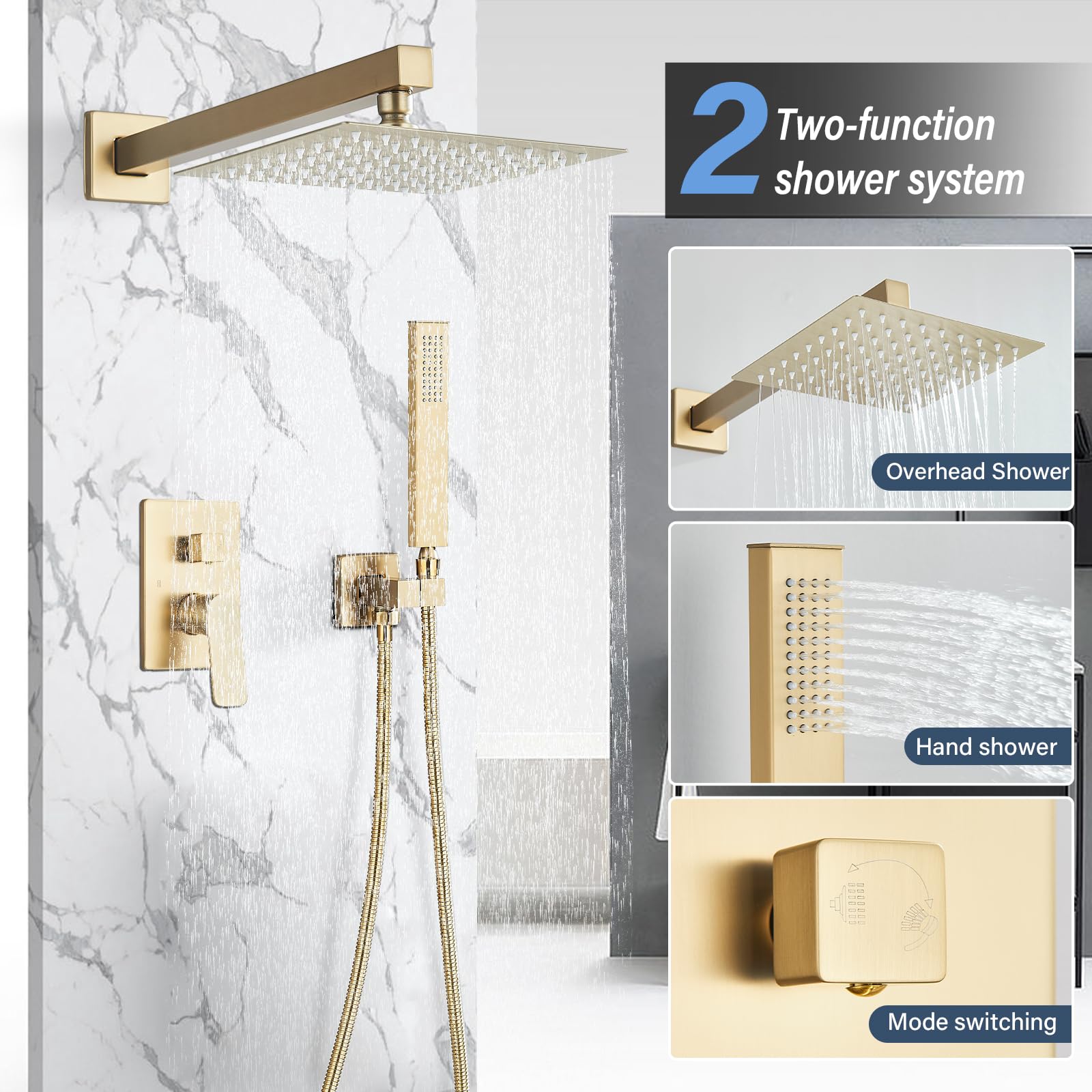Doccia a Incasso Doccia Sistema con Valvola Montaggio a Parete Soffione Doccia a Pioggia Quadrato da 20cm,Doccetta,Rubinetto Vasca Da Bagno,Oro Spazzolato