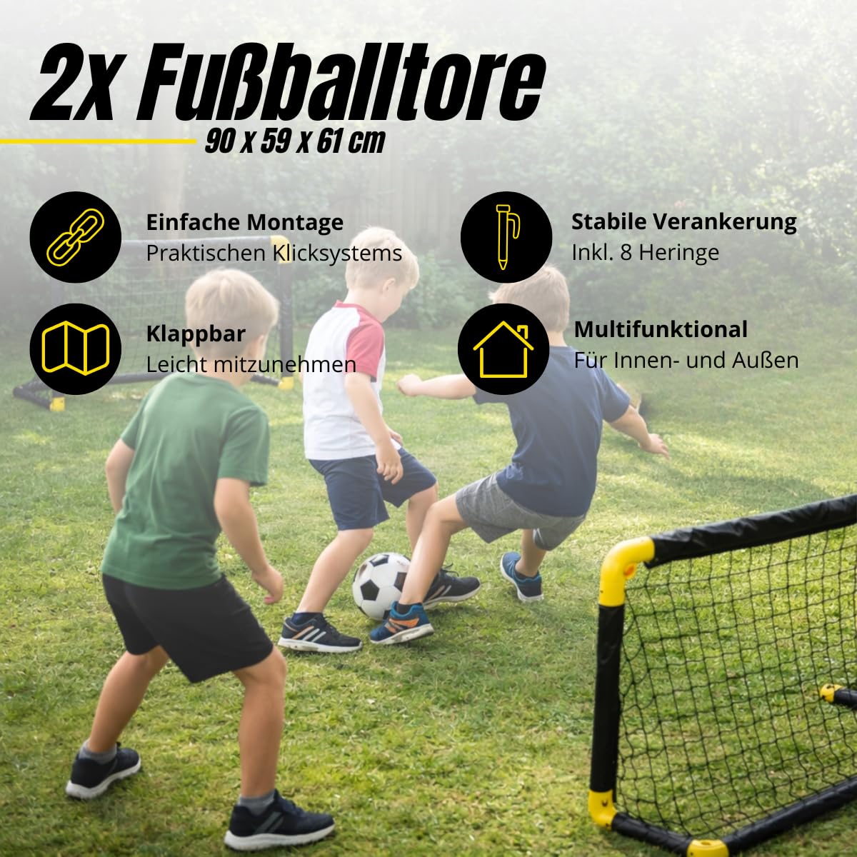 Dunlop Fußballtore Set von 2 – Football Goal 90 × 59 × 61 cm – Faltbare Fußballtore – Leicht zu Verstauen – Trainingsziel für Kinder und Erwachsene – Kunststoff – Schwarz/Gelb