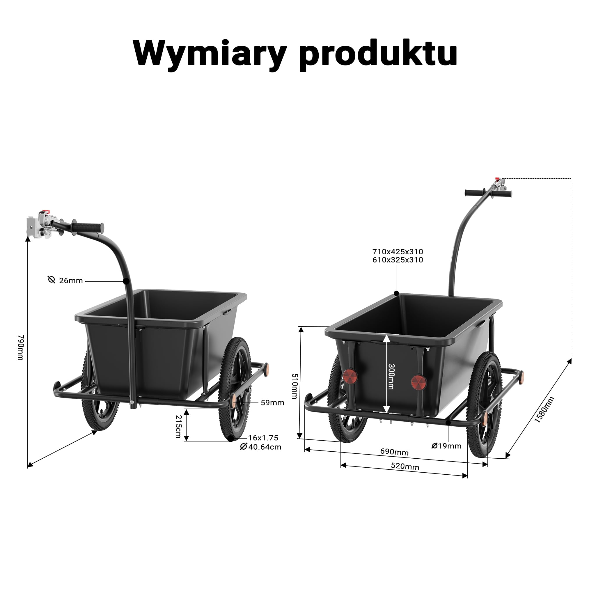 Wiltec Przyczepka transportowa do roweru wózek 90 litrowy 80kg wózek ręczny z dyszlem i zaczepem