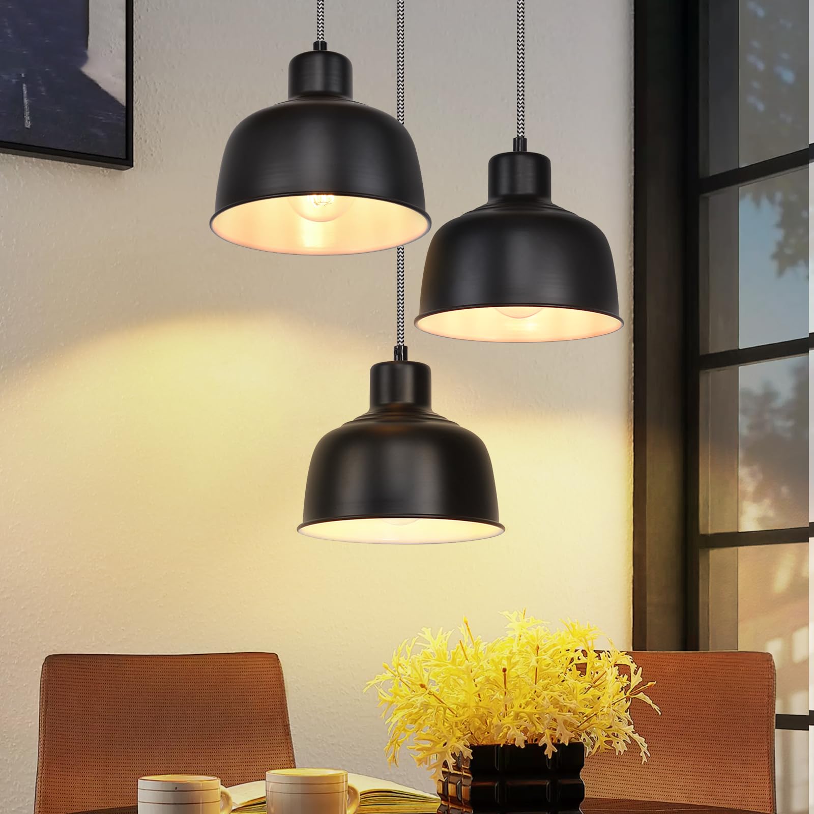 Pendellampe tavolo hängelampe vintage esszimmer industriale lampada | rond 3 flammig retro hängeleuchte nera metallo schermo E27 per cucina soggiorno