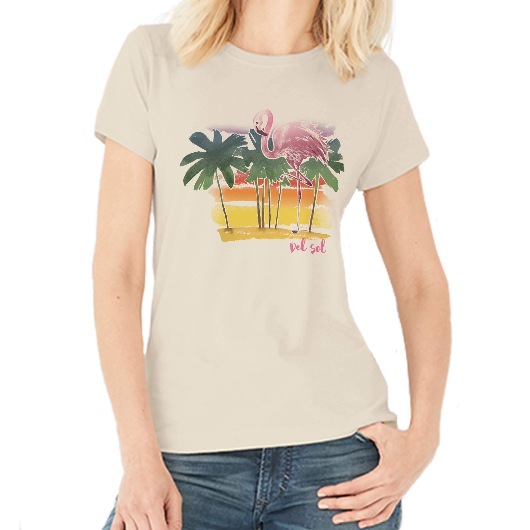 Del Sol Damska koszulka chłopięca - akwarela flaming, naturalny T-shirt - zmienia się z różowego i czarnego na żywe kolory na słońcu - 100% czesana, bawełna ring-spun, cienka koszulka - rozmiar S