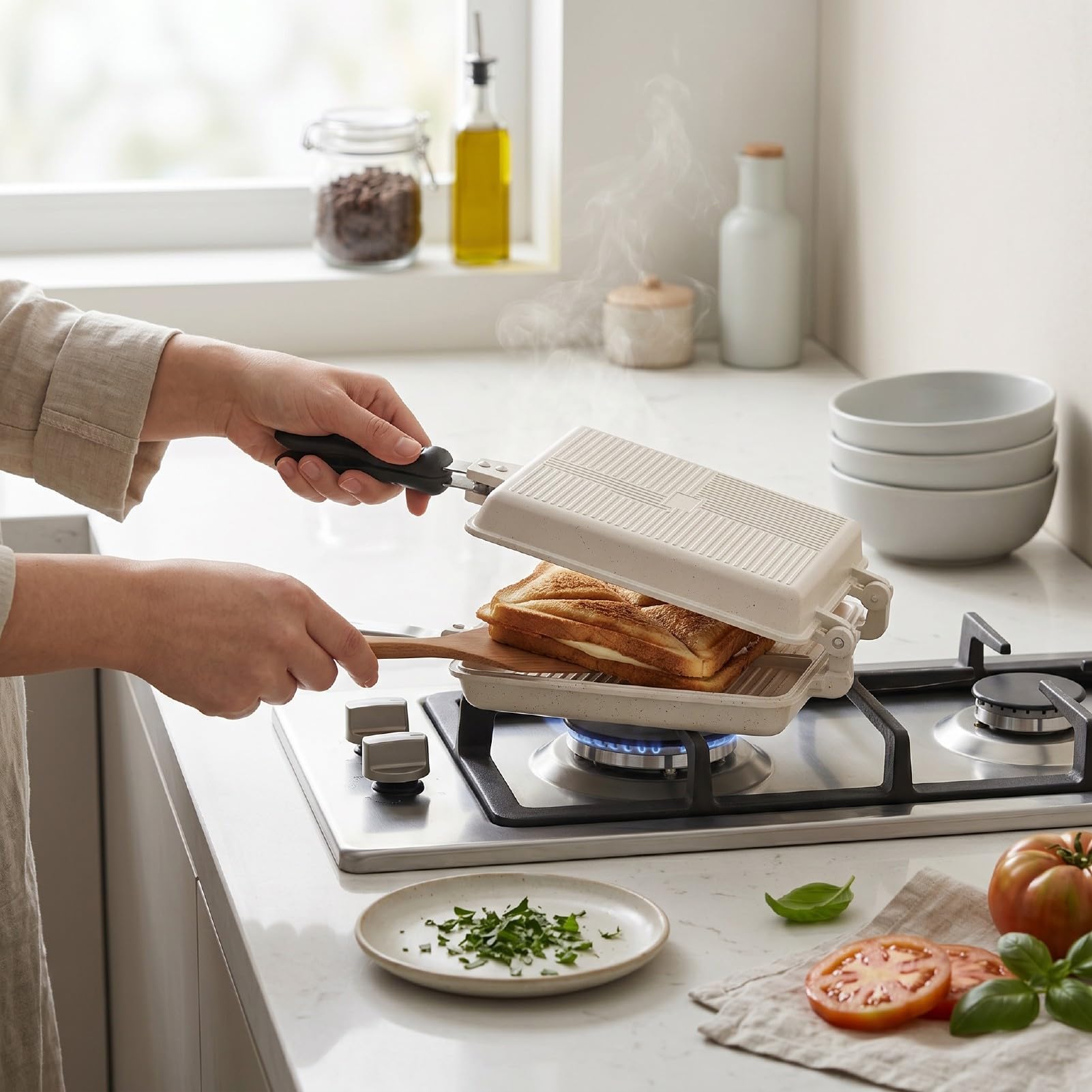 Tosuny Grill składany nieprzywierający żelazko do kuchni domowej (WHITE)