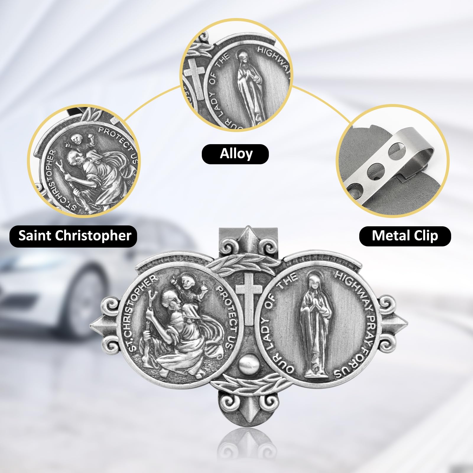 Aleiport St. Christopher Visor Clip, Saint Christopher Medal for Car, Auto Car Sun Visor Clip, Bless Driving Safety Gift Car Accessories for Family, New Driver, Friends