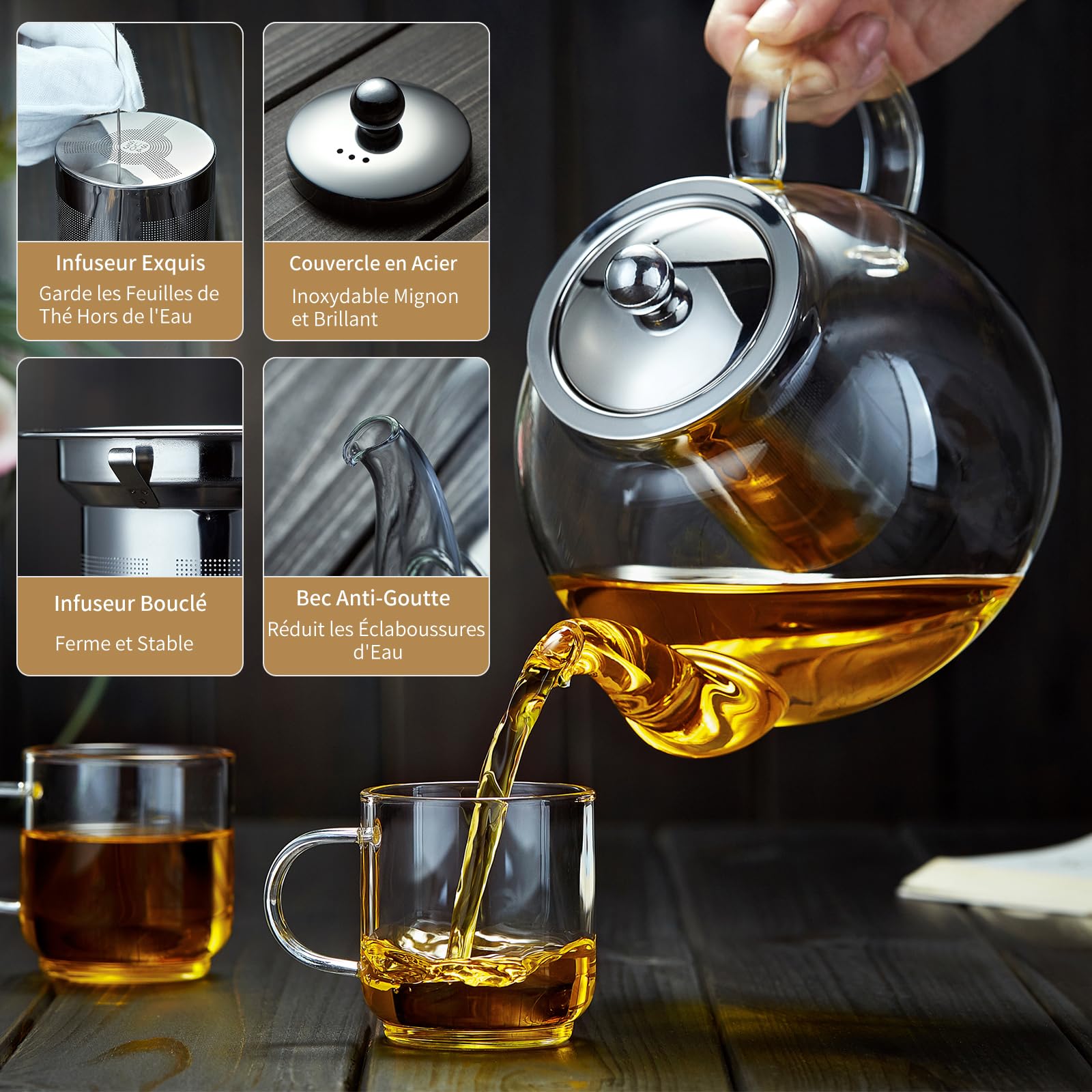 MESNEY Théière en verre de 1200 ml avec infuseur - Passe au four à thé en borosilicate résistant à la chaleur pour thé en vrac, passe au micro-ondes et au lave-vaisselle