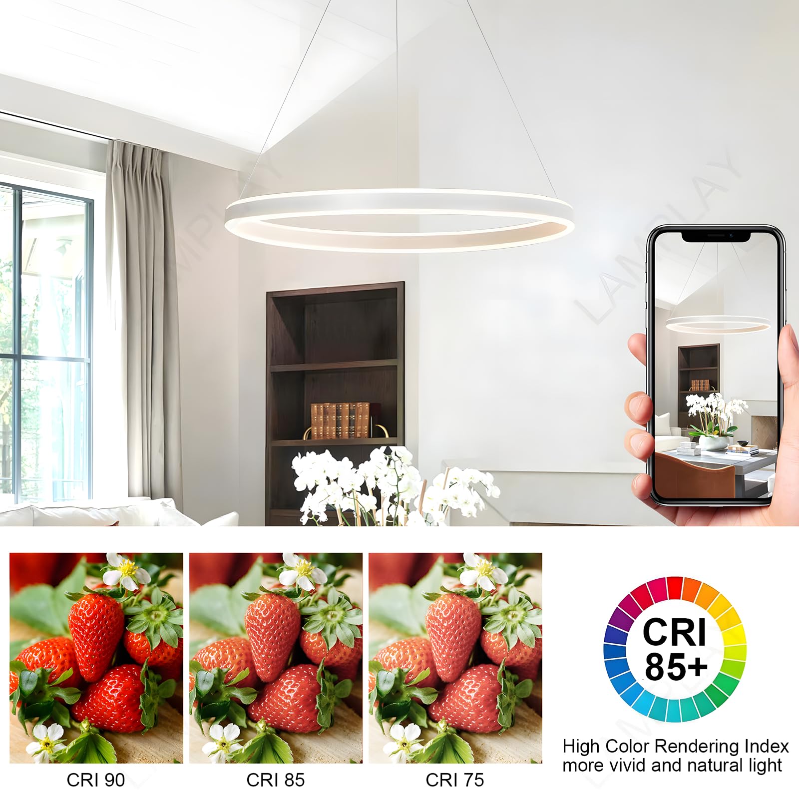 Runde Moderne LED-Pendelleuchte, 1 Weiß Ring-Kronleuchter, Dimmbar Mit Fernbedienung 3000K-6000K Deckenleuchte, Höhenverstellbar, Foyer, Wohnzimmer, Schlafzimmer, Esszimmer(Ø40cm)