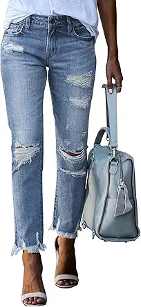 Dokotoo Women's Patchwork Destroyed Raw Hem Jeans Ripped Hole Boyfriend Denim Pants