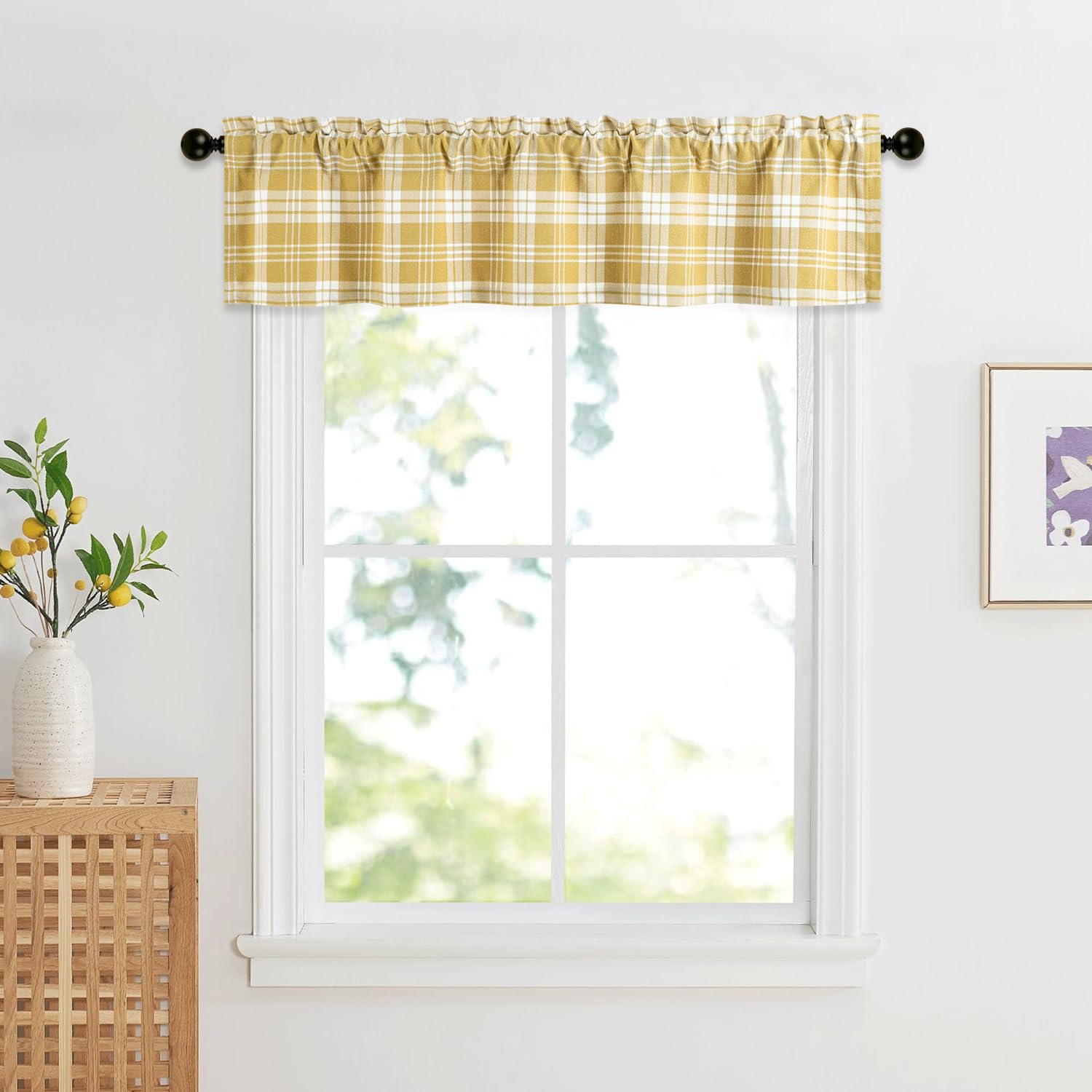 Buffalo Check Jacquard Curtains Valance, Green Plaid Pattern Light Filtering Valances Bedroom Bathroom Decorative Rod Pocket Drapes Office 52 X 12 1 P