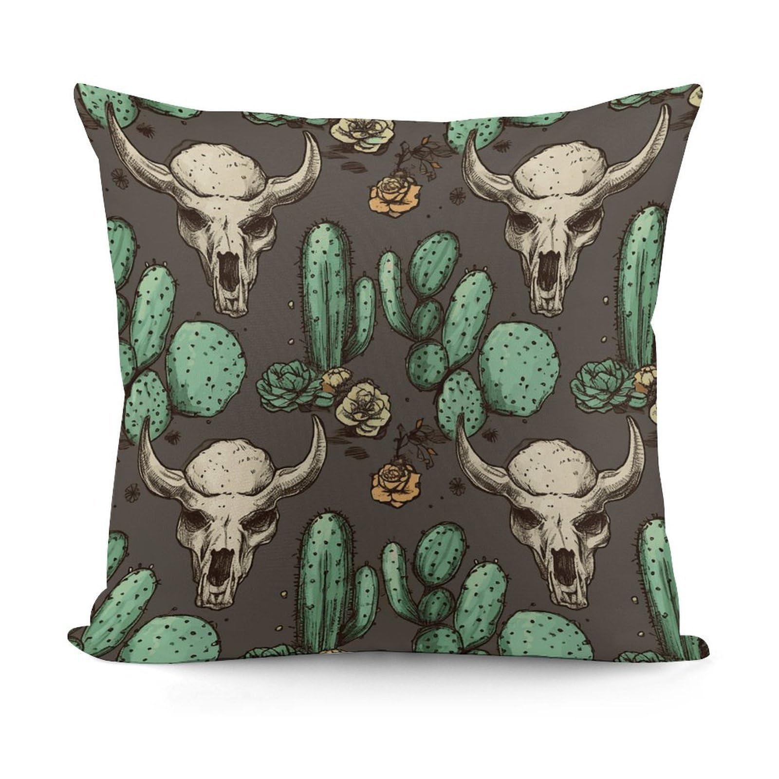 Adfgyerh Style Skull Of Bull And Cute Cactus Decorative Pillow Covers, Throw Pillow Covers Soft For All Seasons, Pillowcases For Couch Living Room Sofa Bedroom 18X18 Inch