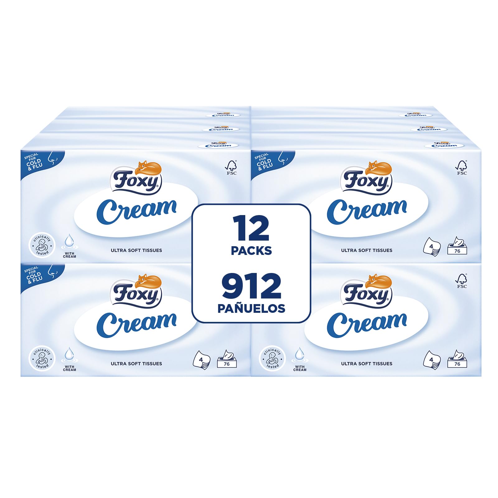 Foxy Crème | Mouchoirs pour le visage en boîte | 12 boîtes de 76 mouchoirs 4 couches | Avec crème hydratante | Certifié FSC | 100% d'énergie électrique renouvelable | Paquet 100% recyclable