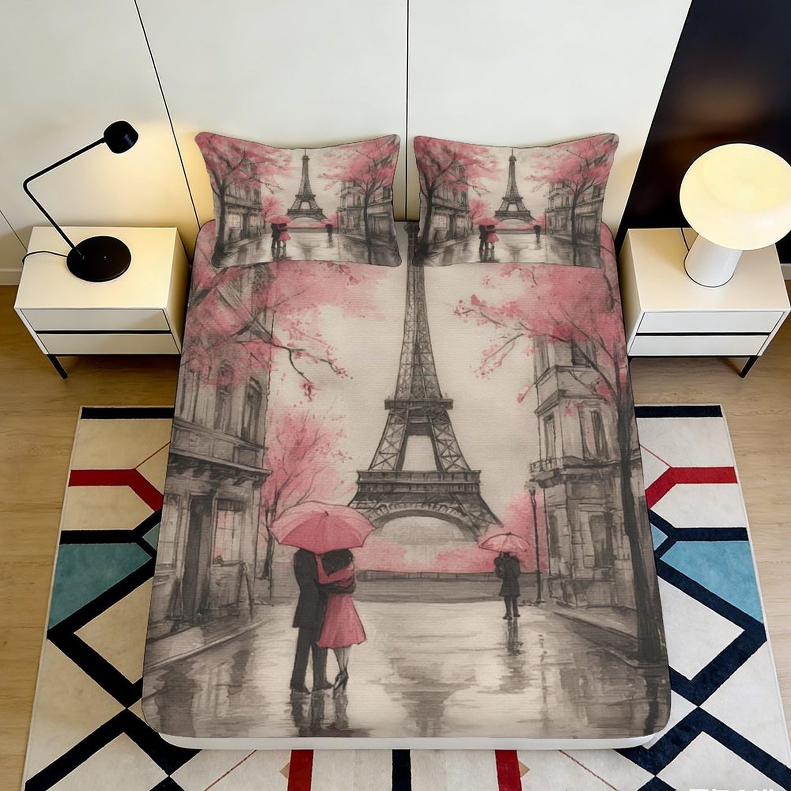 3D Printed Paris Eiffel Tower Fitted Sheet Microfiber Pink Romantic Cityscape Bed Cover for Bedroom Dorm Decor 90x200x25cm