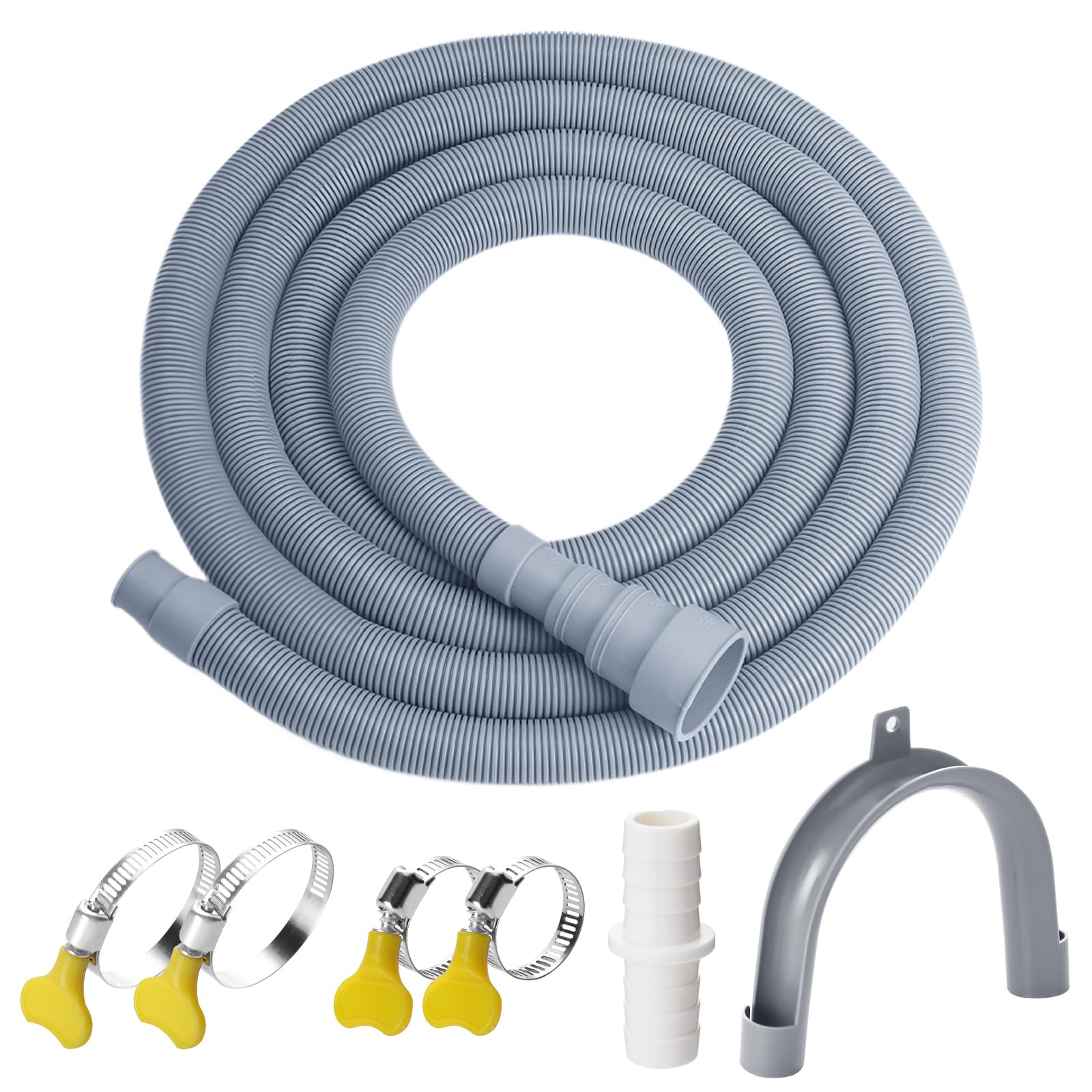 Elyfree Manguera de drenaje para lavadora, manguera de drenaje flexible universal para lavavajillas, manguera de drenaje corrugada con 1 manguera, 4 abrazaderas, 1 soporte de manguera en U