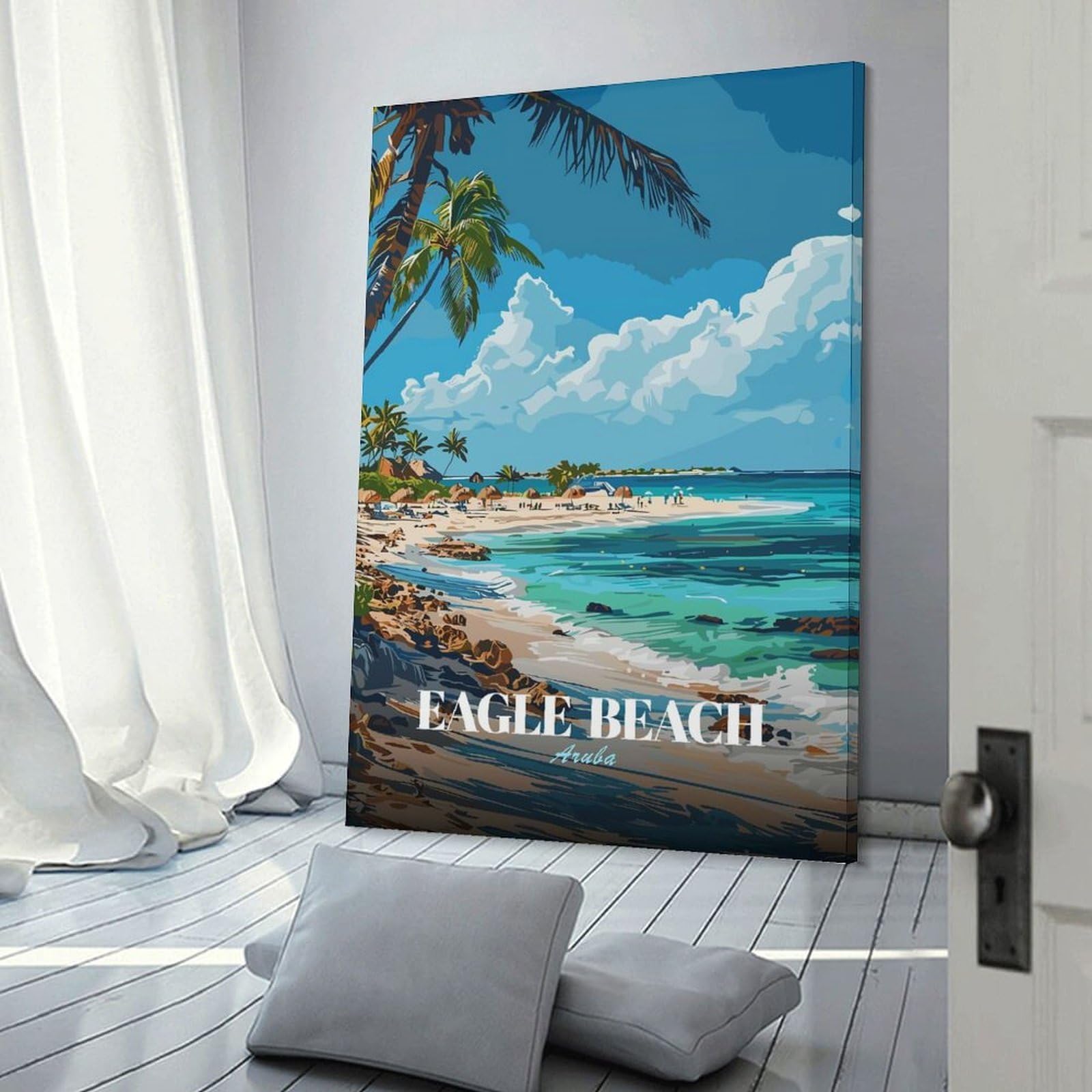 Junmoney Frame-Style Canvas Wall Picture Eagle Beach, Aruba, Tropical Paradise, 16X24inch(40X60cm), For Bedroom, Lounge Or Dressing Area, Stylish Decor For A Restful Room Update