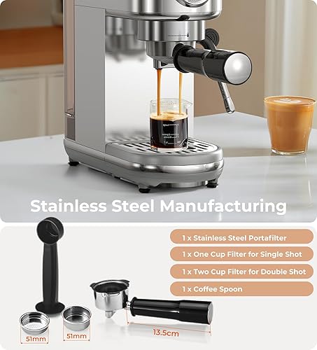 Miniatura 7 de Máquina de café expreso con espumador de leche, 20 bares de alta presión profesional, máquina de café automática, compacta de acero inoxidable para