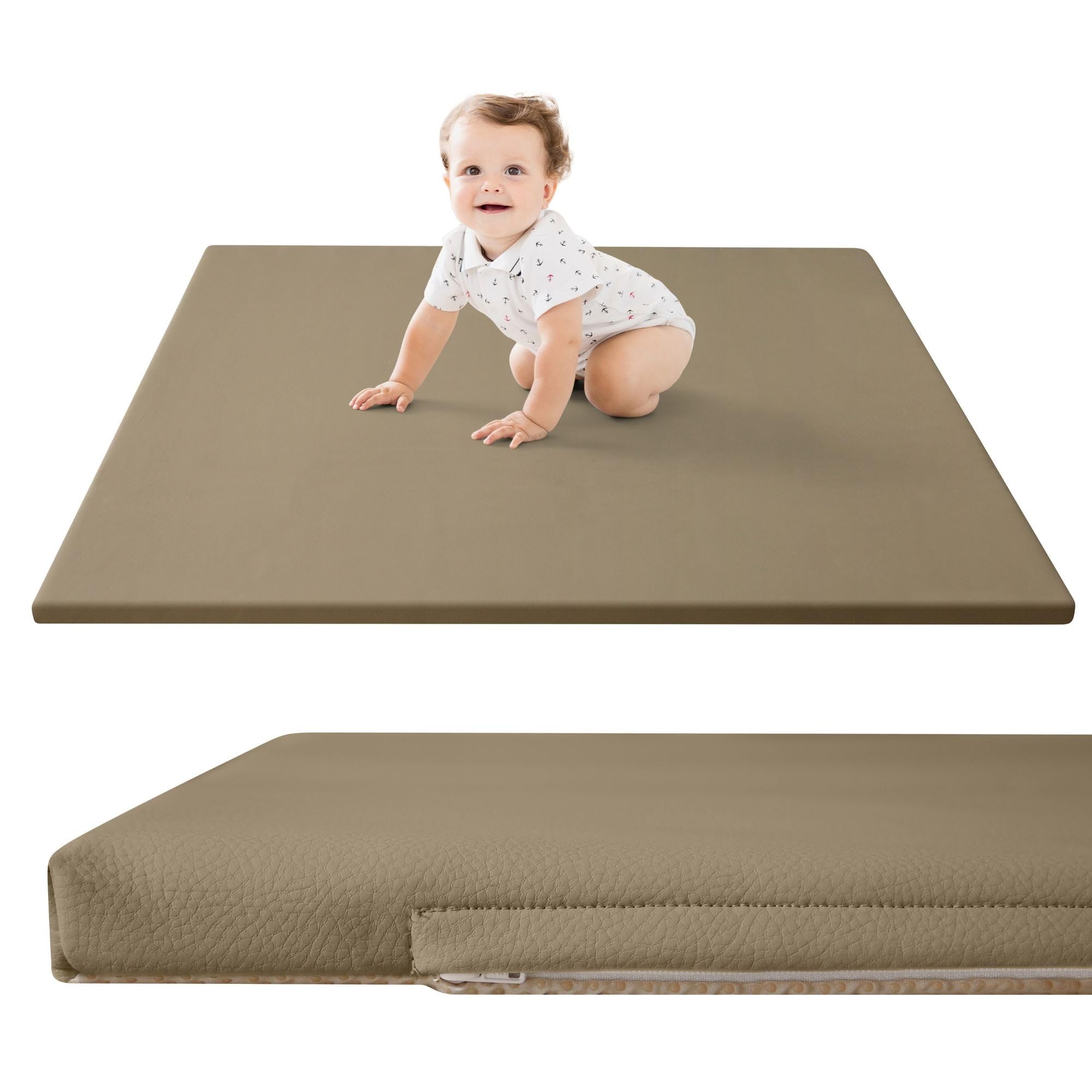 Stylische Spielmatte für Baby aus veganem Leder 120x120x2,5cm, Sand – Krabbelmatte für Baby mit Memory-Schaum und rutschfester Unterseite – pflegeleichte, schadstofffreie Krabbeldecke für Baby
