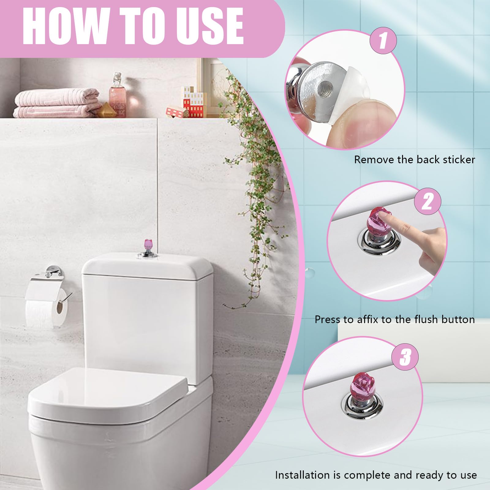 2pcs Toilet Push Button Flush Replacement, Drawer Pull Handle Toilet Flush Tank Button for Bathroom(Pink) - Image 3