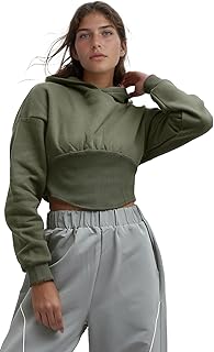 Ravin womens Long Sleeve Cropped Hoodie With Elastic Waist - Khaki Women Sweat Shirt (pack of 1)