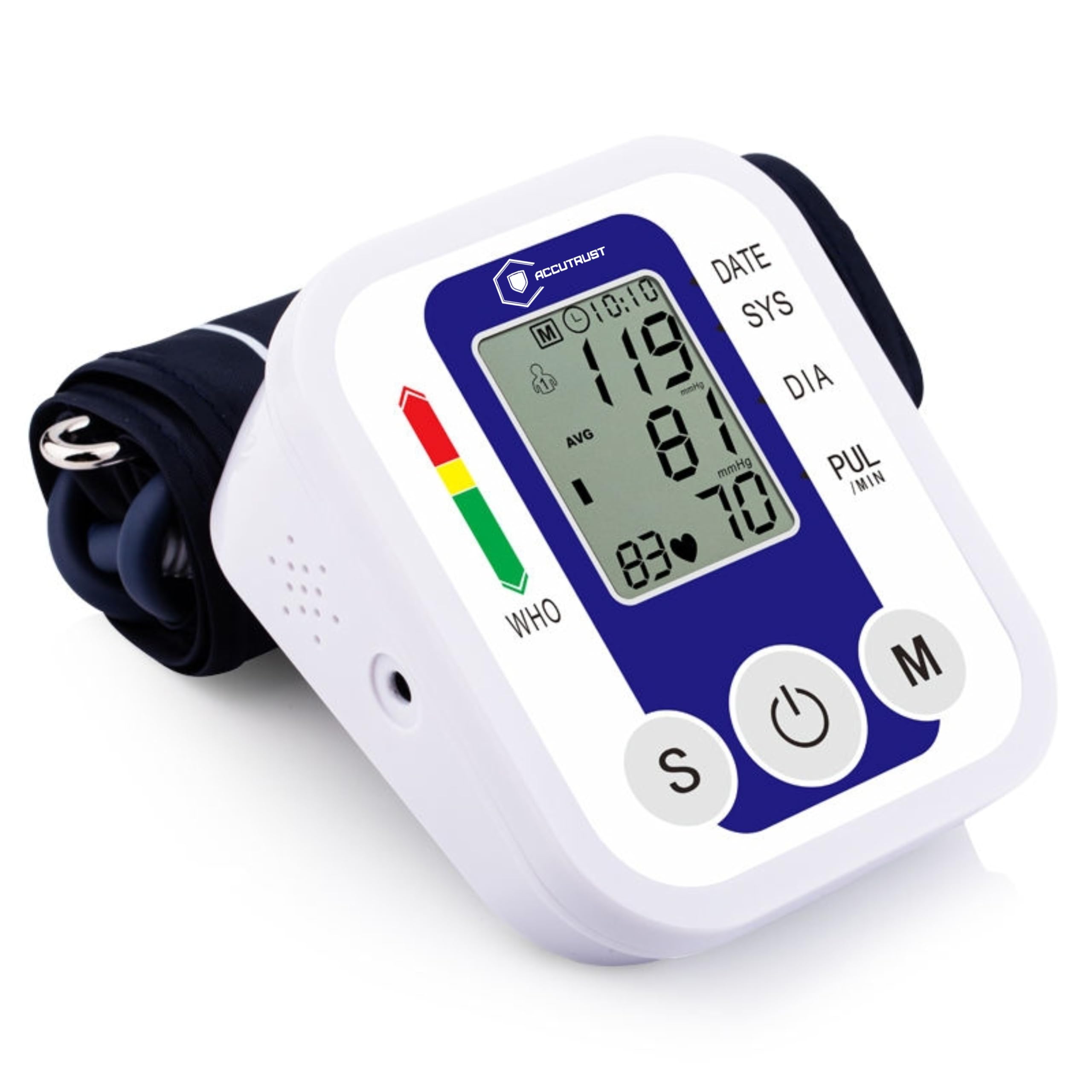 AccuTrust Digital Blood Pressure Monitor Machine for Home Use, Upper Arm Cuff 22-36cm, Automatic BP Monitor with Medium Display, USB + Battery Operated, Memory Function & WHO Indicator