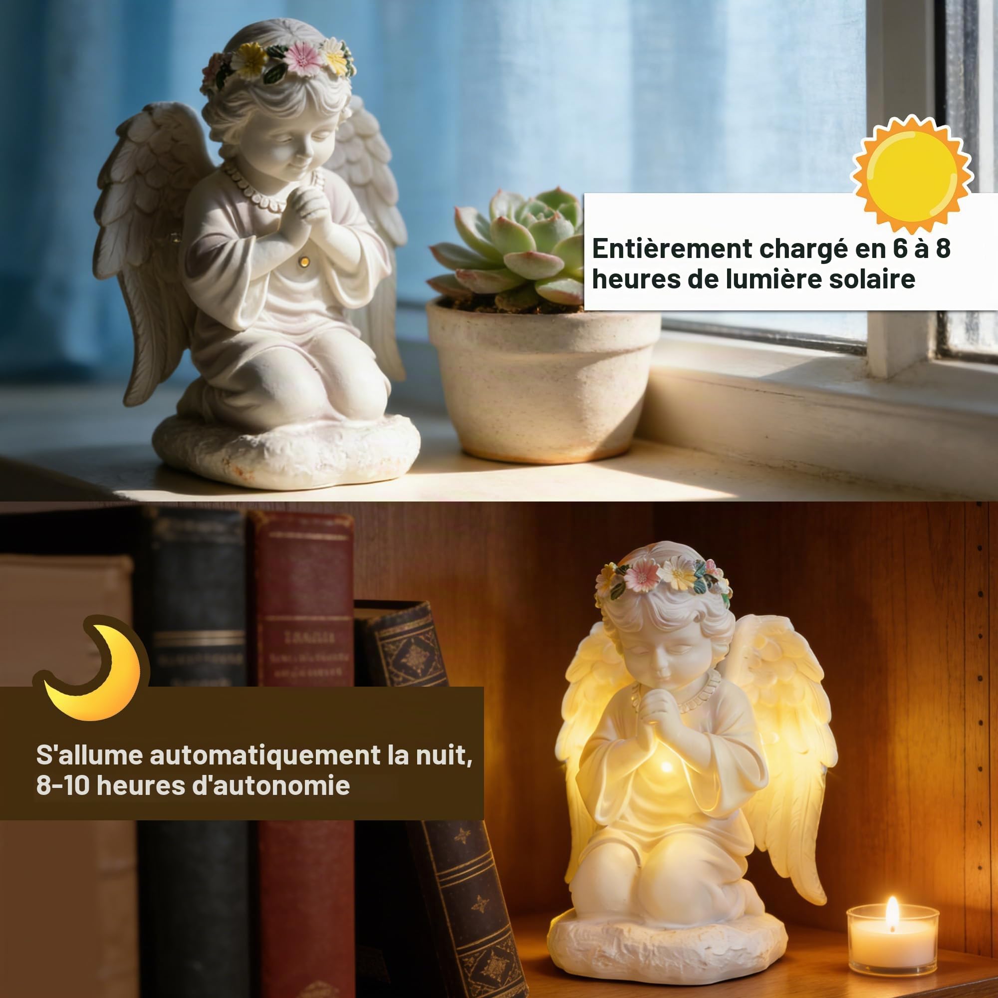 Figurine d'ange solaire pour tombe - Résistante aux intempéries - Statue d'ange gardien à LED de prière avec lumière LED à énergie solaire - Sculpture d'ange féérique - Convient pour les jardins, les