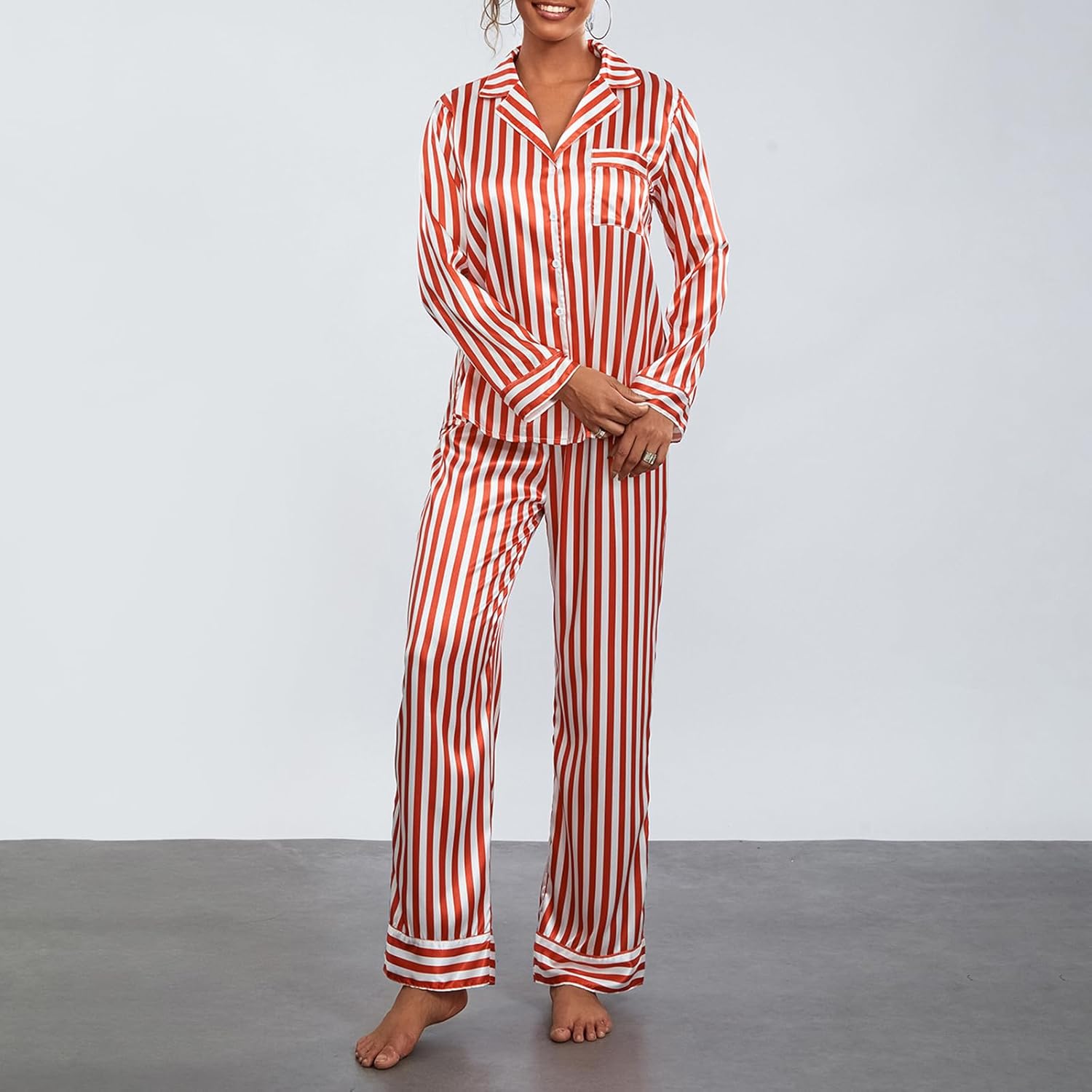 Luckinbaby Women Striped Pajamas Set Long Sleeve Satin Shirt Top Elastic Wide Loose Pants 2 Piece Lounge Sleepwear - Image 7