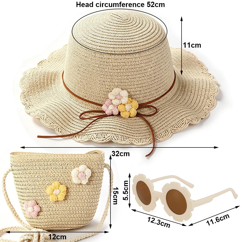 Sombrero de Paja Niñas, Gorra de Sol Chica y Bolsa de Paja Set Gorro de Playa Gafas de Sols Playa de Verano Sombrero Mini Bolsa Cruzada de Pajas Sombreros para Viaje Beach Piscina(Beige)