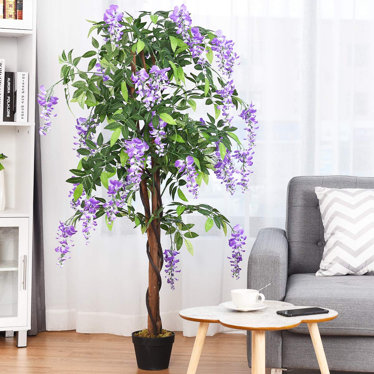 COSTWAY Kunstbaum mit Blüten, Kunstpflanze im Topf, Zimmerpflanze mit natürlichen Blättern & 3 Stämmen, Künstlicher Baum Kunstblume Lila, Dekopflanze künstlich, Grünpflanze 150 cm