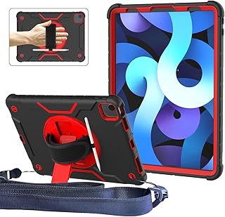 iPad Air 5th/4th Generation Case 10.9" 2022/2020, iPad Air 5/4 Case, DJ&RPPQ Shockproof iPad Pro 11 Inch Case with Screen Protector/360° Rotating Hand Strap Stand iPad Air 5/4/iPad Pro 11,Black+Red