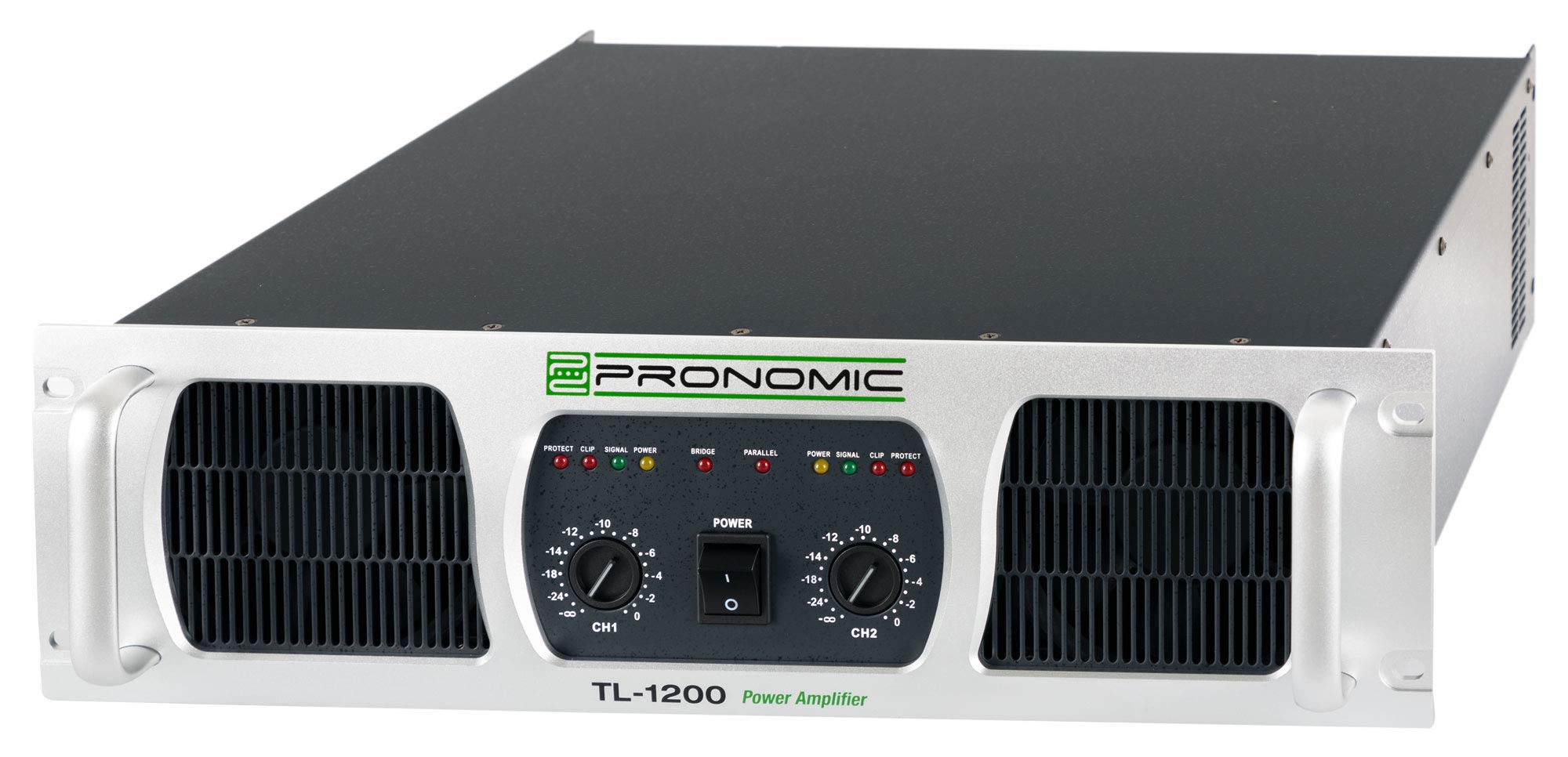 Pronomic TL-1200 Amplificador Estéreo 2x2400W a 2O, ventilador térmico, modos paralelo/estéreo/puente, protección y salida Clase H.