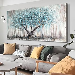 Arjun Tree Wall Art Teal Blue Nature Tree of Life Abstract Canvas Painting Textured Picture, Modern Large Panoramic Landsc...